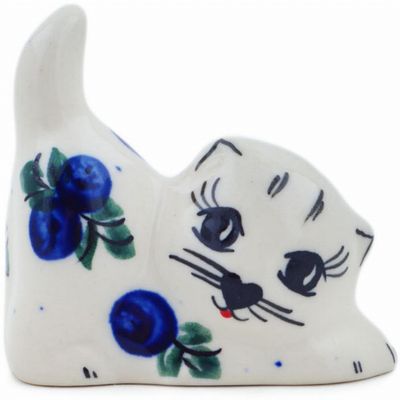 Polmedia Polish Pottery Cat Figurine UNIKAT - Blue Berry Special Pattern Handmade in Boleslawiec Poland + Certificate of Authenticity