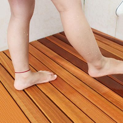 RUJYSLTO Teak Shower Mat Large, Comfortable Wood Board Foot Mat/Slatted Drainage Elevated Platform Non Slip, Tall 2 Inch Bath Mat/Carpet/Doormat,(35.4x39.4x1.7in)