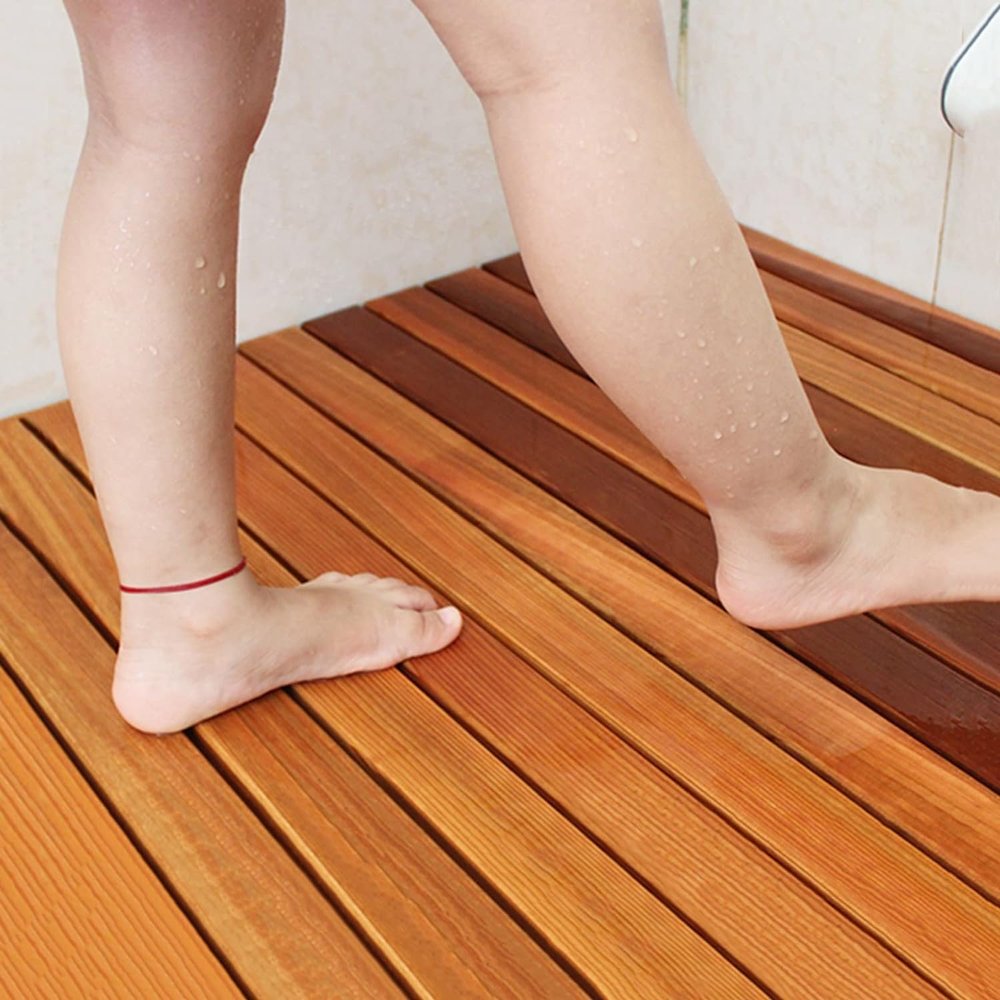 RUJYSLTO Teak Shower Mat Large, Comfortable Wood Board Foot Mat/Slatted Drainage Elevated Platform Non Slip, Tall 2 Inch Bath Mat/Carpet/Doormat,(35.4x39.4x1.7in)