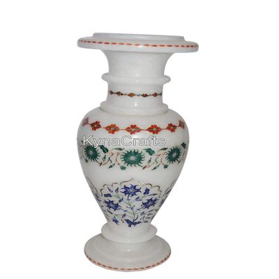 12 Inches White Marble Plantter Semi Precious Stone Inlay Work Giftable Flower Vase for Wedding and Housewarming