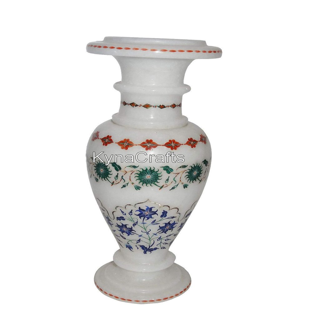 12 Inches White Marble Plantter Semi Precious Stone Inlay Work Giftable Flower Vase for Wedding and Housewarming