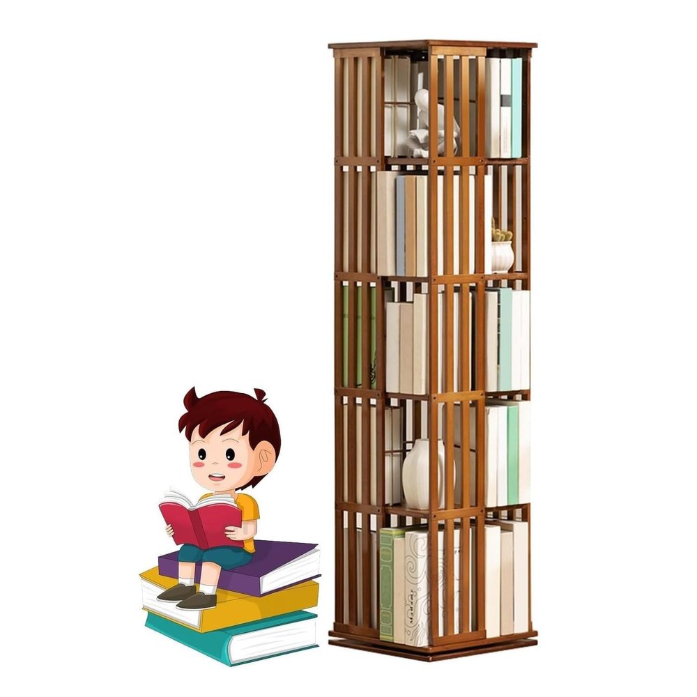 JJENXYYDS 360Display 5/6Tier Floor Stackable Spinning Bookshelf Tower,Narrow Space Saving Tall Floor Standing Swivel Bookcase Corner Storage Organizer for Kids&Adults,Brown-5