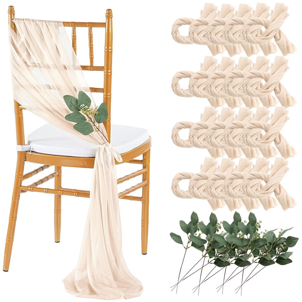QueenDream Sheer Fabric Wedding Chair Sashes: 36PCS Tulle Church Chair Cover Long Chairs Bows Aisle Drapes Party Decorations Champagne