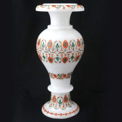 12 Inches Malachite and Carnelian Stone Inlay Work Flower Vase White Marble Bouquet Holder for Wedding Gift