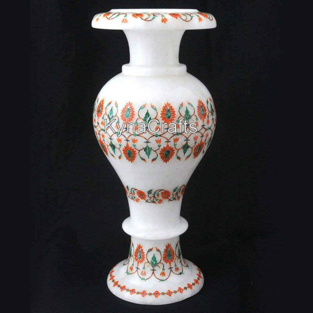 12 Inches Malachite and Carnelian Stone Inlay Work Flower Vase White Marble Bouquet Holder for Wedding Gift