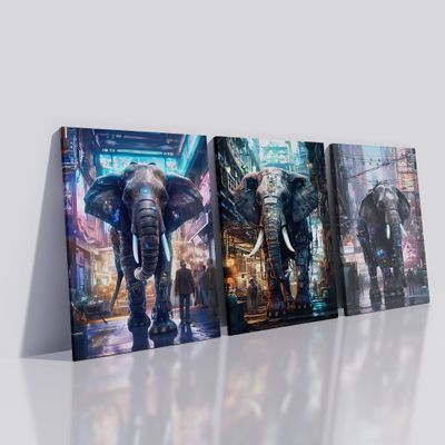 3 Pieces Abstract Elephants Canvas Wall Art Sci-Fi Elephants Posters Prints Machine Animal Painting Picture Artwork for Home Living Room Gym Office Wall Decor Stretched and Framed [60''W x 28''H]