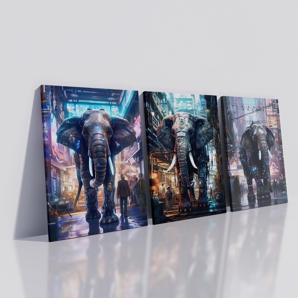 3 Pieces Abstract Elephants Canvas Wall Art Sci-Fi Elephants Posters Prints Machine Animal Painting Picture Artwork for Home Living Room Gym Office Wall Decor Stretched and Framed [60''W x 28''H]