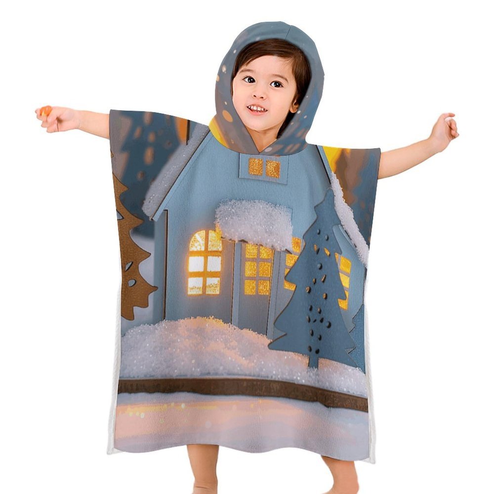 YTDRZ Kids Bath Towel Kids Hooded Beach Towel Kids Pool Towel Small House and Trees Printed Kids Beach Towel for Boys Girls Soft Absorbent Quick Dry Beach Swim Pool Towel