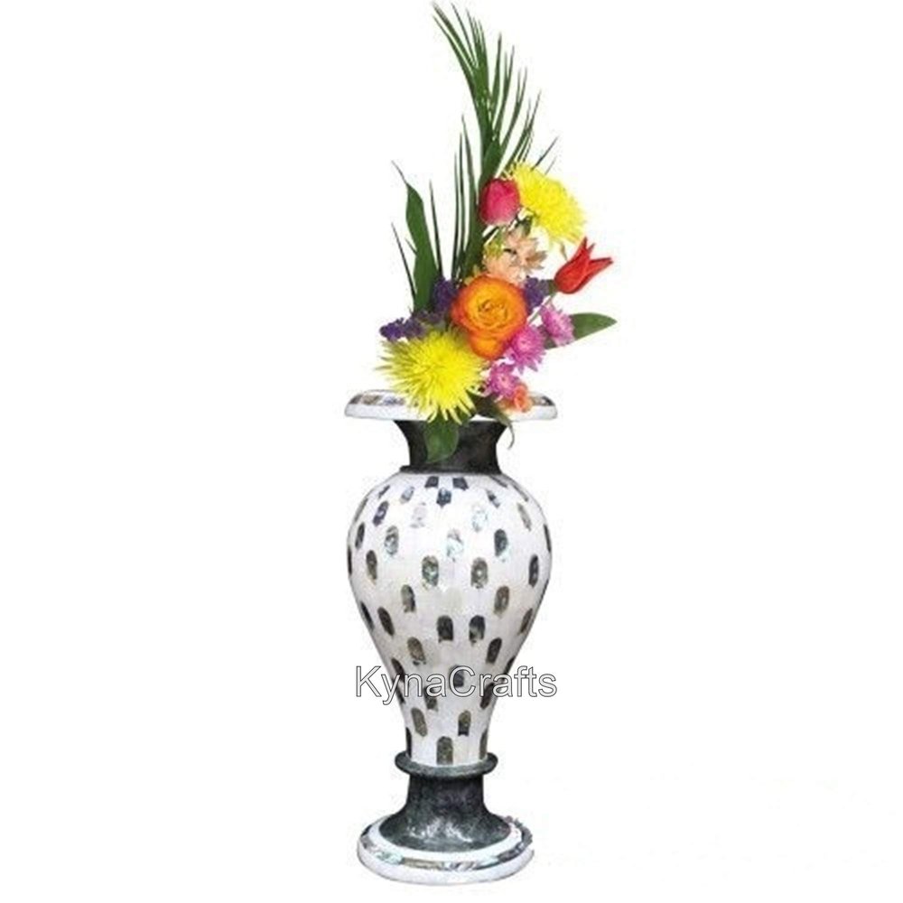 10 Inches Green Marble Decorative Flower Vase Mother of Pearl Overlay Work Study Table Decor Plantter with Royal Look