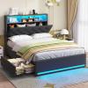 HAUOMS Twin Size Bed Frame with Hidden Storage Headboard and 4 Drawers, Upholstered Platform Bed Twin with LED Lights & Charging Station, No Box Spring Needed, Noise-Free, Dark Grey view 1