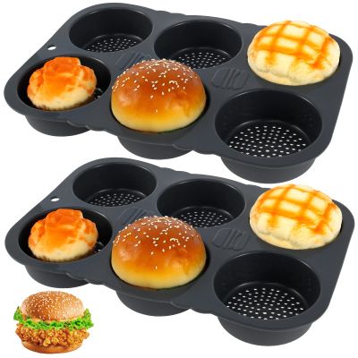 2Pcs Silicone Hamburger Bun Mold 6-Cavity Egg Muffin Baking Pan Non-Stick Silicone Bread Pan Multifunctional Reusable Hamburger Bread Mold for Hamburger Chocolate Cake Pie Custard Tart(grey)