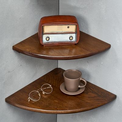 Conamily Corner Shelves, Floating Corner Shelf, Set of 2 16inch Solid Oak Wood Corner Wall Shelves, Round End with Wire Hole for Small Plant for Bedroom Kitchen, Living Room