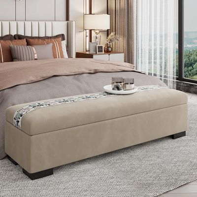 Modern Storage Ottoman Bench, Luxury Velvet Upholstered Bench, Safety Hinged Flip Top Storage Bench Sofa Couch Foot Rest Long Stool Bed End Bench for Bedroom/Living Room/Entryway(Khaki,60cm(23.6in))