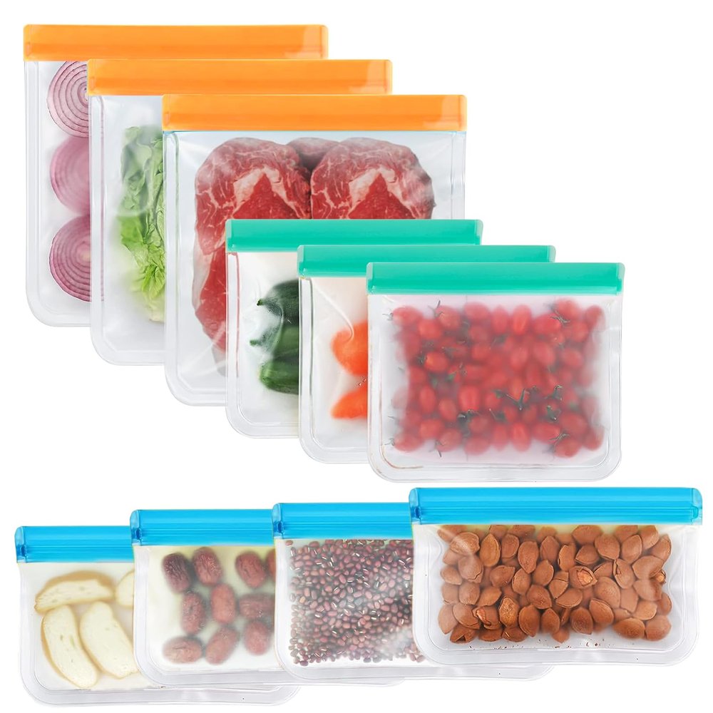 SHUCHUANG 10 Pack Dishwasher Safe Silicone Food Storage Bags, Leakproof Silicone Freezer Bags, BPA Free Reusable Storage Bags for Lunch Marinate Food Travel - 3 Gallon 3 Sandwich 4 Snack Bags