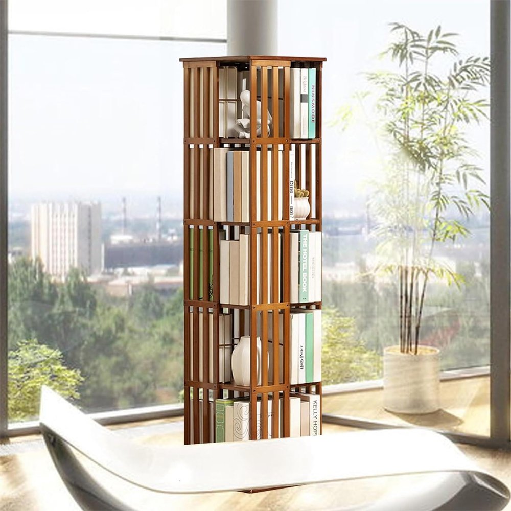 JJENXYYDS Rotating Bookshelf Small Corner Bookshelf for Small Space,360  Display Stackable Spinning Bookshelf Tower for Kids&Adults Solid Wood Bookshelf Organizer,Brown-5