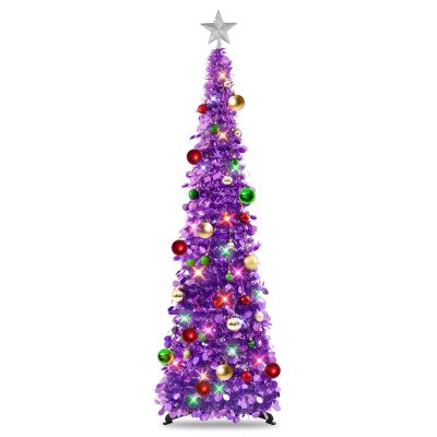 N&T NIETING Pop Up Christmas Tree with Lights & 30 Balls, Collapsible Tinsel Xmas Tree Decorations, Pencil Christmas Tree Skinny Tree for Holiday Xmas Home Office Decor, 5FT, Dark Purple