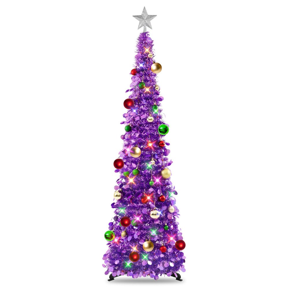 N&T NIETING Pop Up Christmas Tree with Lights & 30 Balls, Collapsible Tinsel Xmas Tree Decorations, Pencil Christmas Tree Skinny Tree for Holiday Xmas Home Office Decor, 5FT, Dark Purple