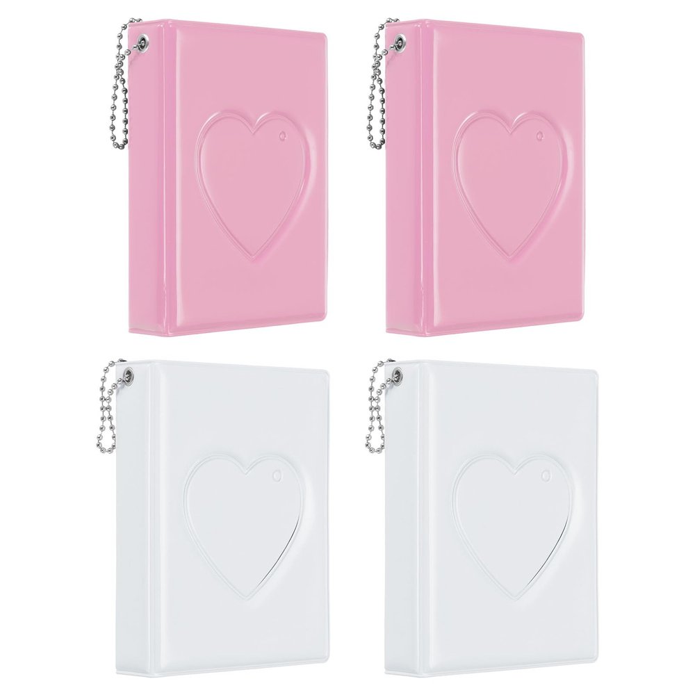 PATIKIL 3 Inch Mini Kpop Photocard Binder 2.5"x3.5" Album with 32 Pockets Small Bookshelf Love Heart Picture Holder Book for Collection 4 Pack, Pink White
