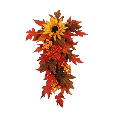 YLSZHY Autumn Artificial Sunflower Teardrop Wreaths for Front Door, Fall Garland with Fake Maple Leaves for Home Thanksgiving Window Wall Farmhouse Indoor Outdoor Decoration