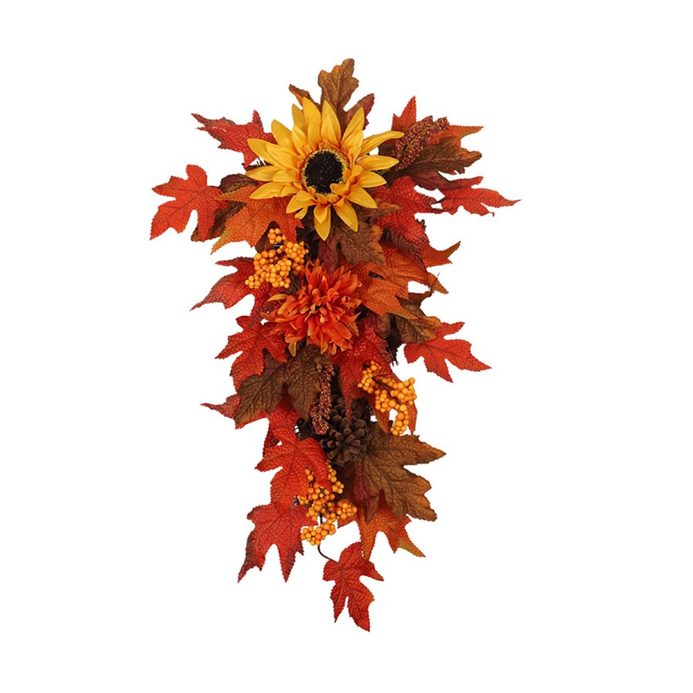 YLSZHY Autumn Artificial Sunflower Teardrop Wreaths for Front Door, Fall Garland with Fake Maple Leaves for Home Thanksgiving Window Wall Farmhouse Indoor Outdoor Decoration
