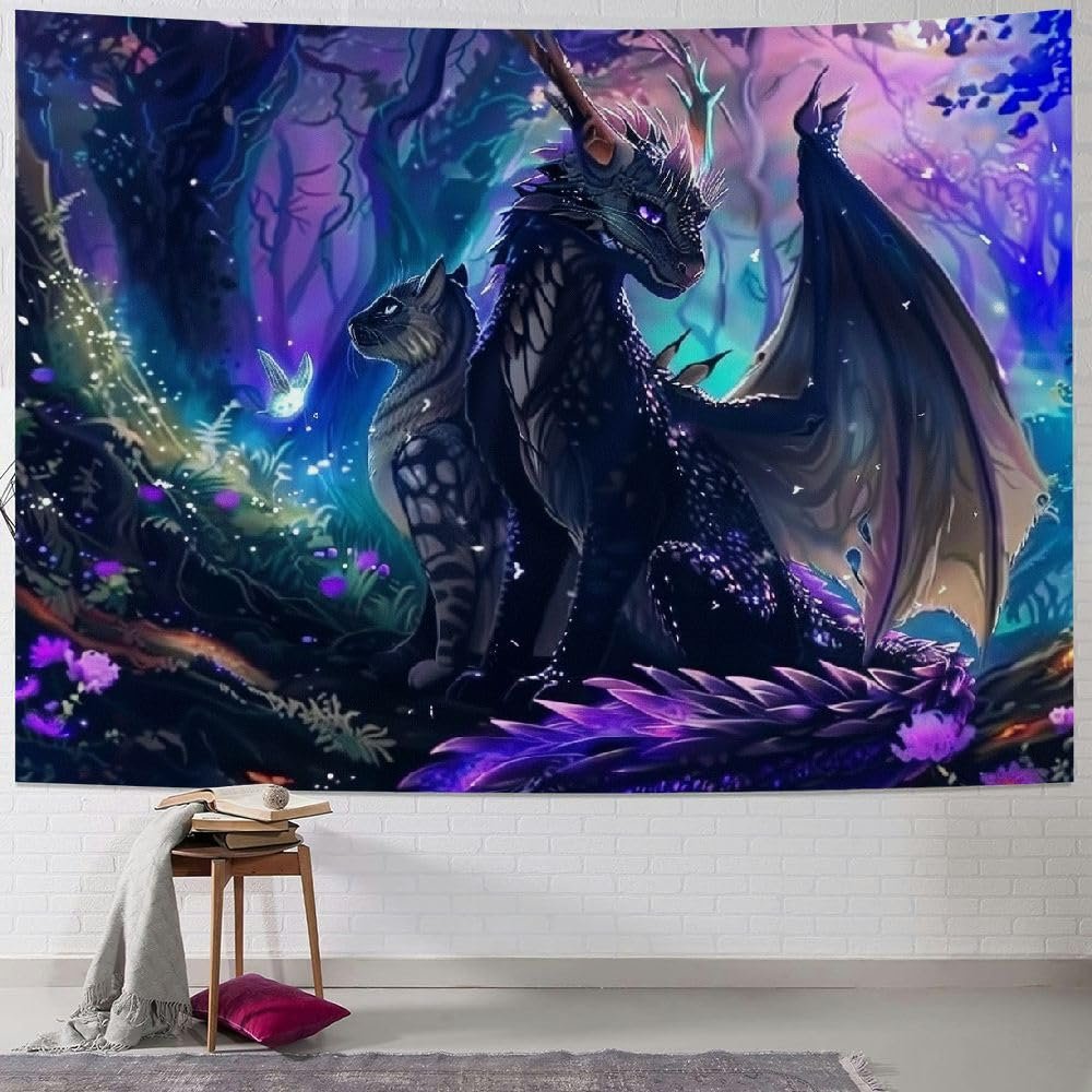 KANXLAN Purple Dragon Tapestry 60x40in Fantasy Forest Tapestries for Bedroom Aesthetics Magical Animal Tapestry for Home Living Room Dorm Decor Wall Hanging Poster 60x50inch