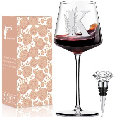 Physkoa Personalized Wine Glass-Initial Wine Glass Gifts for Women(Etched Dishwasher Safe),Customized Monogrammed Valentines Day Gift for Her/Mom/Wife/Best Friend/Sister-Letter K