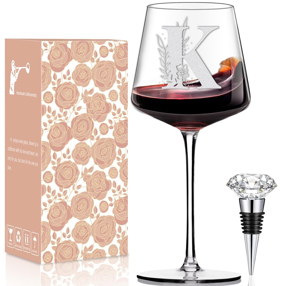 Physkoa Personalized Wine Glass-Initial Wine Glass Gifts for Women(Etched Dishwasher Safe),Customized Monogrammed Valentines Day Gift for Her/Mom/Wife/Best Friend/Sister-Letter K