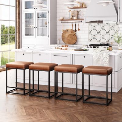 ALPHA HOME 24 Inch Counter Height Bar Stools Set of 4, Upholstered Bar Stools for Kitchen Island, Counter Stools with Faux Leather Cushion and Sturdy Metal Frame, Modern Barstools, Caramel