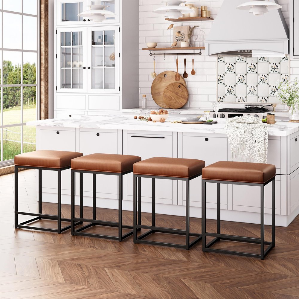 ALPHA HOME 24 Inch Counter Height Bar Stools Set of 4, Upholstered Bar Stools for Kitchen Island, Counter Stools with Faux Leather Cushion and Sturdy Metal Frame, Modern Barstools, Caramel