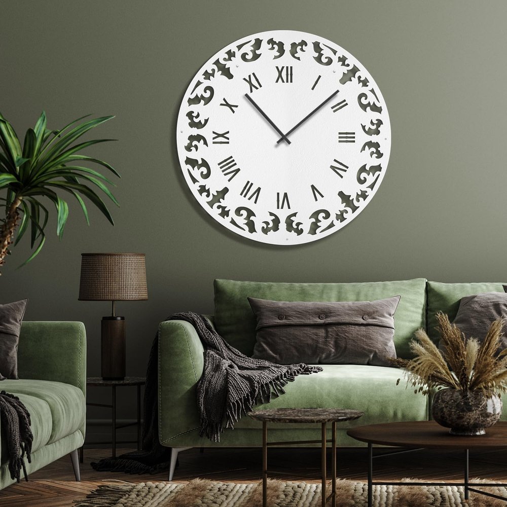 SIGNLEADER Metal Wall Clock Decor, Classical Pattern Roman Numerals Wall Sculpture Round Clock Silent Battery Operated Hangings Home Decoration for Living Room, Kitchen, Bathroom, Bedroom - 24" White