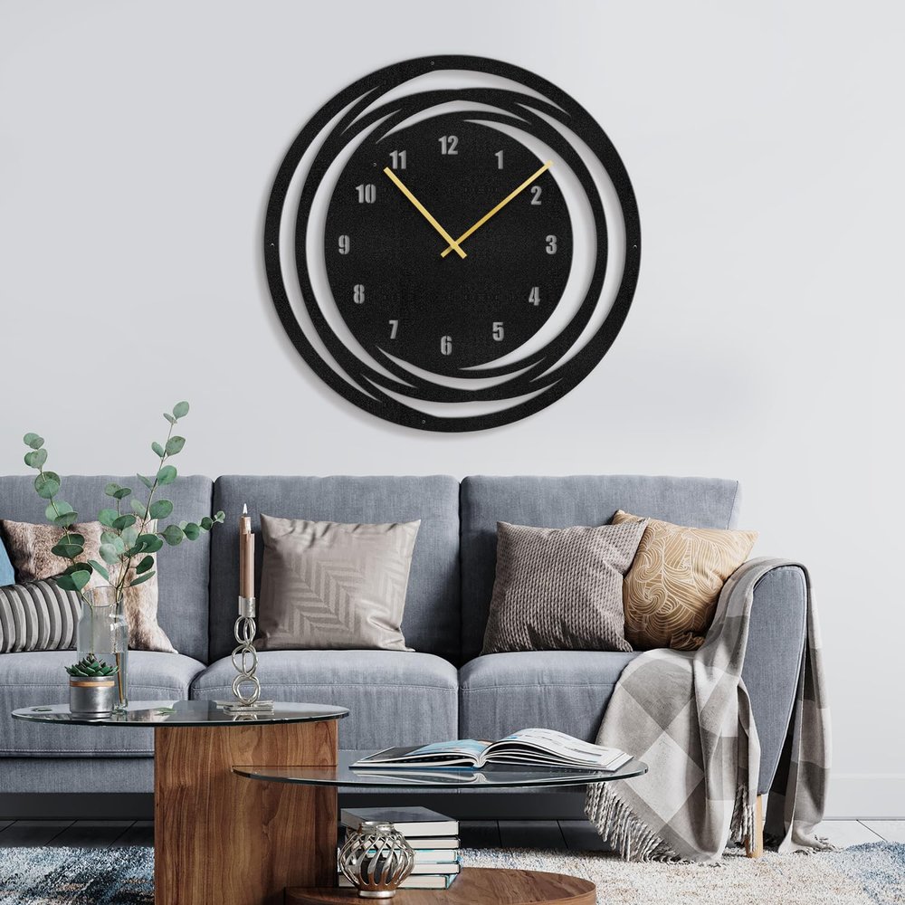 SIGNLEADER Metal Wall Clock Decor, Swirl Pattern Arabic Numeral Wall Art Sculpture Round Clock Silent Battery Operated Hangings Home Decoration for Living Room, Kitchen, Bathroom, Bedroom - 30" Black