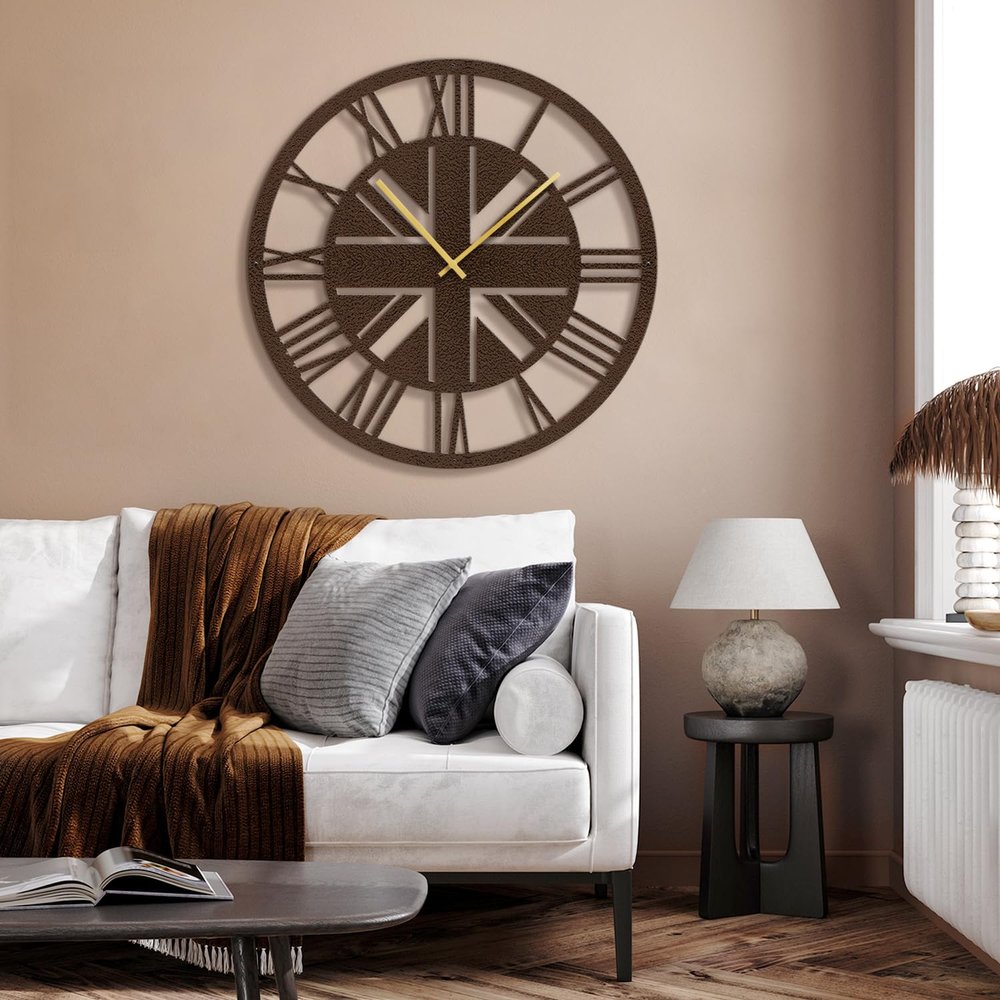 SIGNLEADER Metal Wall Clock Decor, Union Jack Inspired Roman Numeral Wall Art Sculpture Clock Silent Battery Operated Hangings Home Decoration for Living Room, Kitchen, Bathroom, Bedroom - 30" Bronze