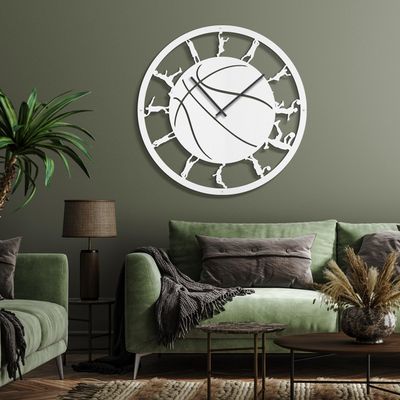 SIGNLEADER Metal Wall Clock Decor, Basketball Pose Sports Wall Art Sculpture Round Clock Silent Battery Operated Hangings Home Decoration for Living Room, Kitchen, Bathroom, Bedroom - 30" White