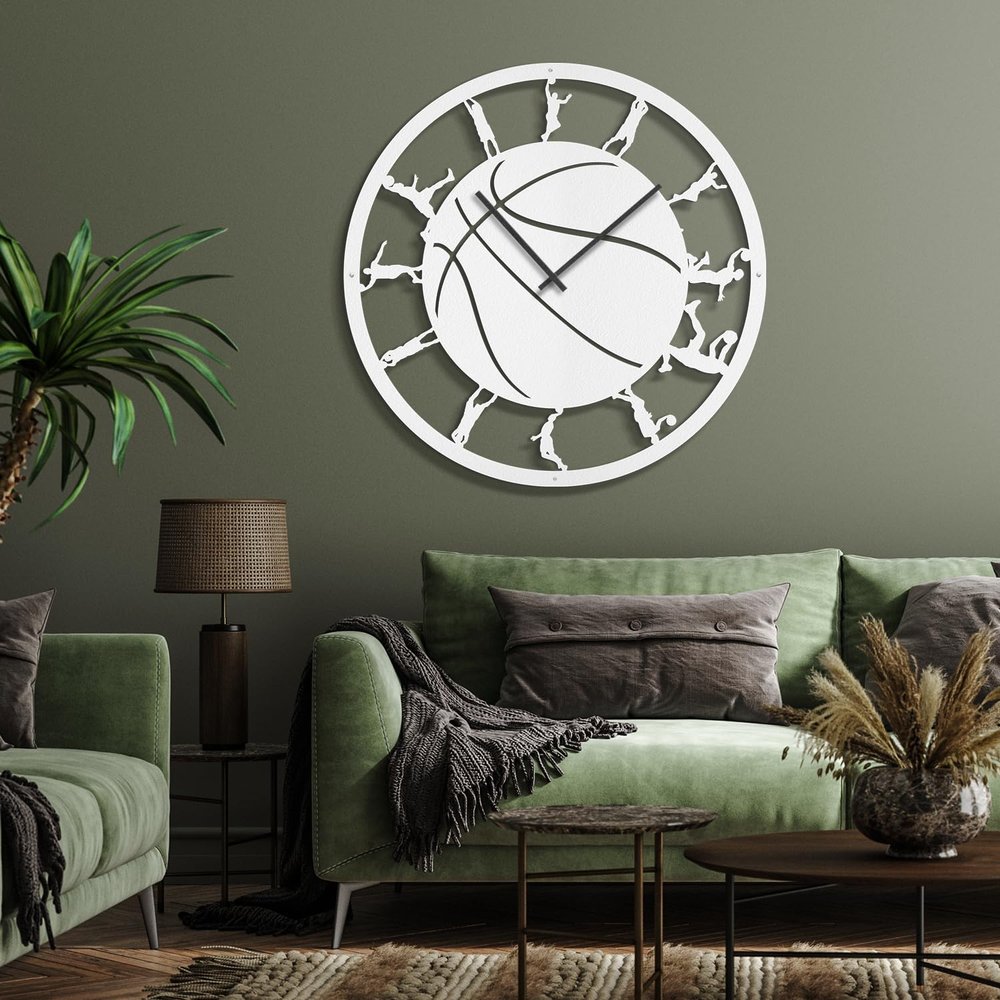 SIGNLEADER Metal Wall Clock Decor, Basketball Pose Sports Wall Art Sculpture Round Clock Silent Battery Operated Hangings Home Decoration for Living Room, Kitchen, Bathroom, Bedroom - 30" White