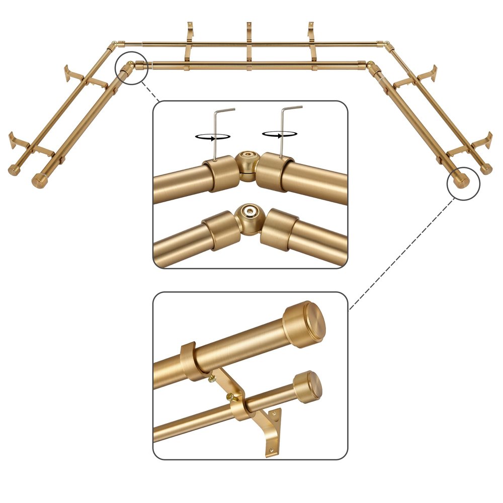 Mayrhyme Warm Gold Double Corner Window Curtain Rods with Aluminum End Cap Finials and Brackets,1 Inch Diameter Dual Bay Window Curtain Rods, Adjustable 2 Sided 20-36" and 36-72" Center Double Rod