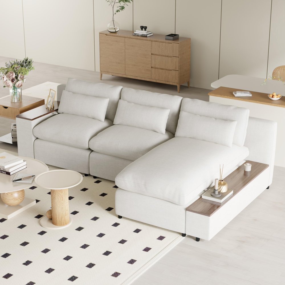 Brabrety L-shaped Modular Sectional Sofa with Removable Back Cushions,3 Pillows and 2 Storage Spaces,Suitable for Living rooms,Offices and Apartments (Beige~004)