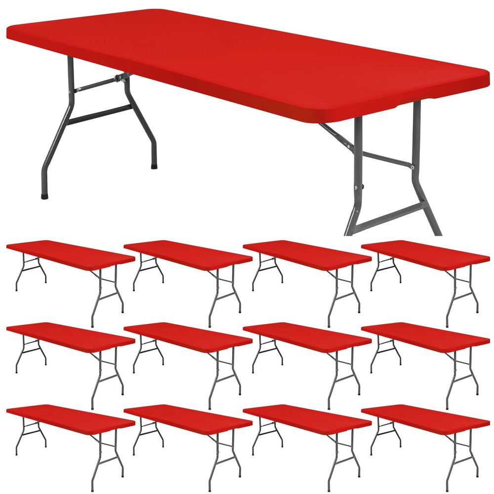 12 Pcs Spandex Picnic Table Cloth, Elastic Fitted Tablecloths for 8 Foot Rectangle Tables, Washable Patio Table Top Cap Cover for Indoor, Outdoor, Camping, Banquet, Parties (Red, 30"x96")