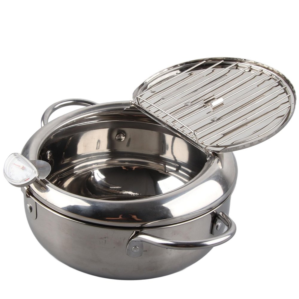 FLEXMAN Deep Fryer Pot, Detachable Stainless Steel Japanese Style Tempura Fryer Pan with Oil Drip Drainer Rack and Thermometer for Kitchen French Fries Chicken (S Size 20cm / 7.9in)