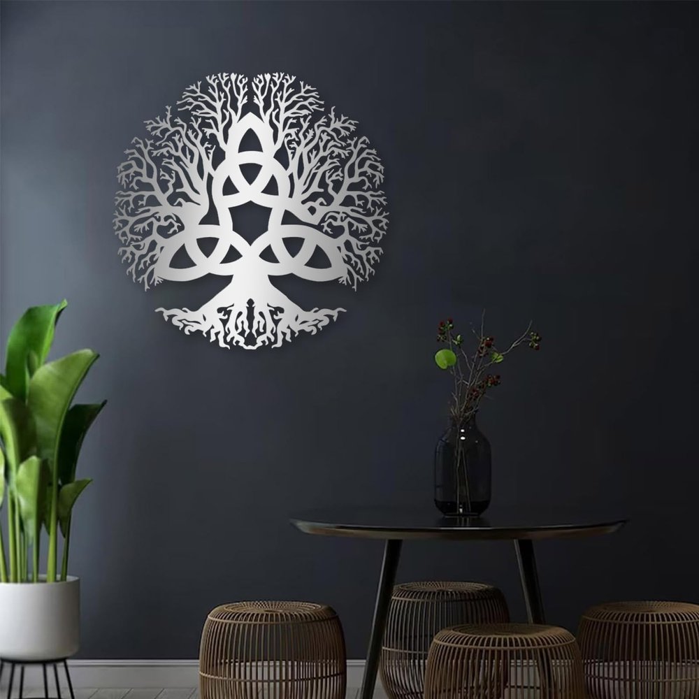 Tree of Life Metal Wall Art, Tree of Life Wall Art, Metal Tree Wall Decor, Trinity Knot Wall Art, Wall Hanging Decor, Family Tree Wall Decor, Celtic Wall Art, Wall Art for Living Room (Silver, 24x24in|60x60cm)