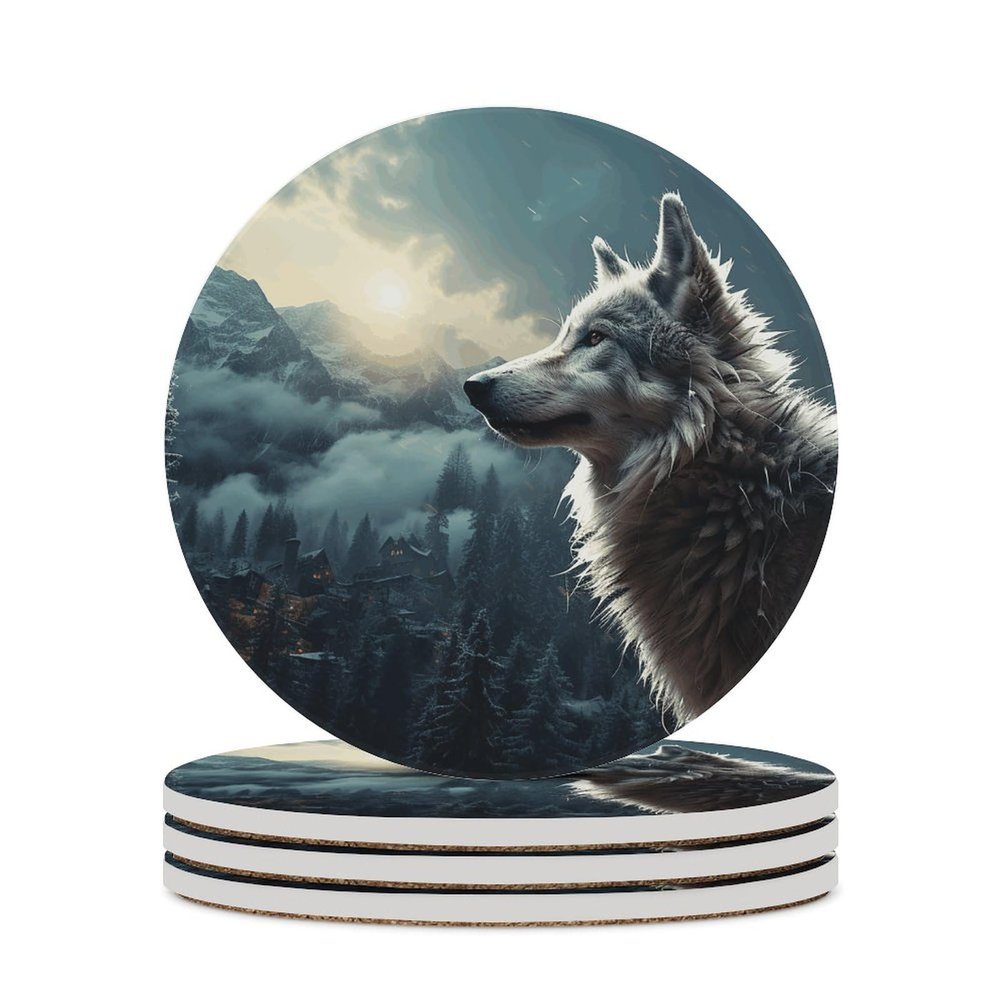4PCS Drink Coaster Wolf at Night Absorbent Coasters Set Coffee Table Coasters for Drink Coffee Cup Beverage Coasters Wine Beer Bar Coasters