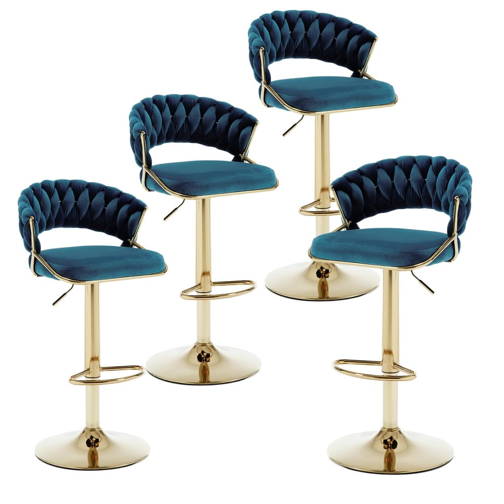 HEAH-YO Swivel Bar Stools Set of 4, Adjustable Counter Height Stools with Woven Backrest, Teal Green  Velvet Upholstered Seat, Golden Base, Kitchen Island Stool for Dining Room, Counter and Bar