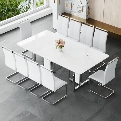JUFU Dining Table Set for 10, 79'' Dining Table for 8-10 People with Faux Marble Tabletop and Sturdy Leg, White Rectangle Kitchen & Dining Room Sets with PU Chairs, Perfect for Big Dining Room