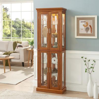 Curio Cabinet with Glass Doors, 6-Tier Glass Display Cabinet China Cabinet with Adjustable Shelves & Mirrored Back Panel, Cabinet Glass Display Case for Entryway, Living Room, Oak