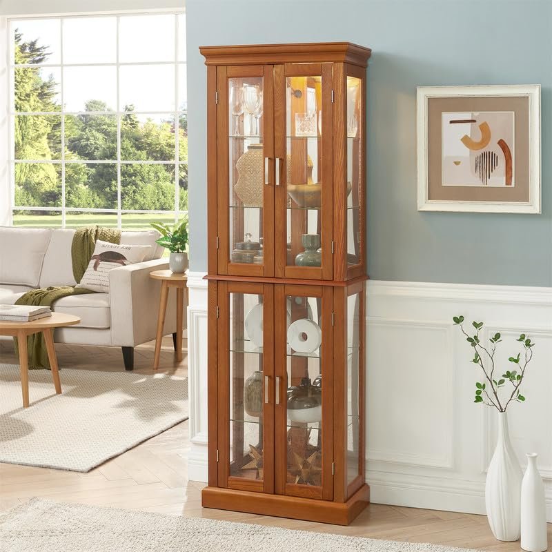 Curio Cabinet with Glass Doors, 6-Tier Glass Display Cabinet China Cabinet with Adjustable Shelves & Mirrored Back Panel, Cabinet Glass Display Case for Entryway, Living Room, Oak