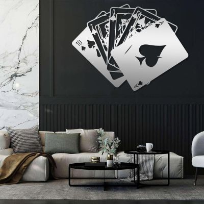 Royal Flush Poker Metal Wall Art, Playing Cards Decor, Minimalist Game Room and Living Room Decor, Gift for Gamer (Silver, 14"x19"|35x47cm)