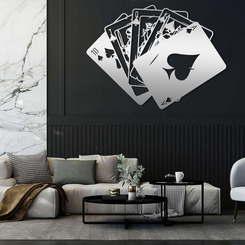 Royal Flush Poker Metal Wall Art, Playing Cards Decor, Minimalist Game Room and Living Room Decor, Gift for Gamer (Silver, 14"x19"|35x47cm)