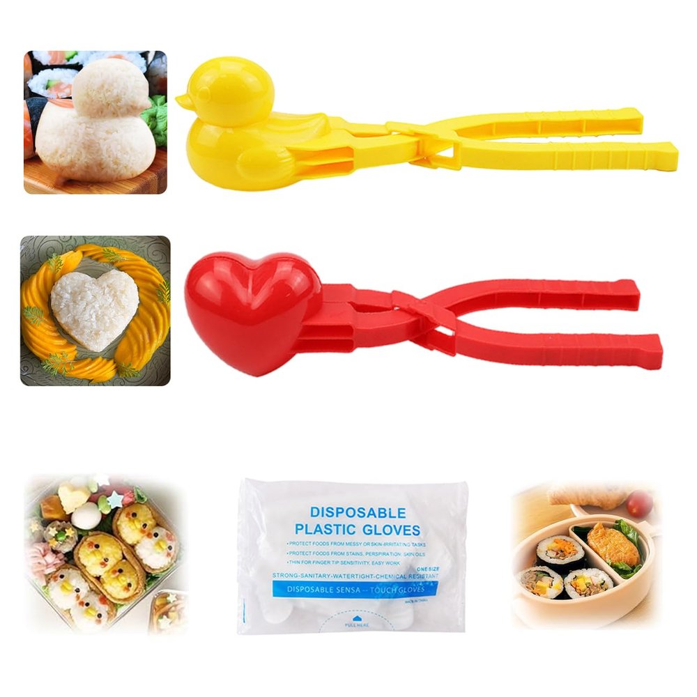 2 Pcs Duck Rice Mold DIY Sushi Molds 3D Rice Shaper Mold Animal Rice Tool with Poly Plastic Gloves for Rice Balls, Sushi, Croquettes(Duck+Love)