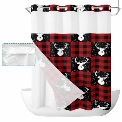 Christmas Winter Reindeer Elk No Hook Shower Curtain with Snap in Liner Set, Waterproof Shower Curtains for Bathroom, Buffalo Plaid Fabric Shower Curtain, See Through Mesh Top Window, 36x72in