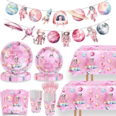 118 Pcs First Trip Around The Sun Birthday Decorations Pink Outer Space Tablecloth Dinner Plates Napkins Forks Cups Banner Dinnerware for Space Theme Baby Shower Girls 1st Birthday Party Supplies