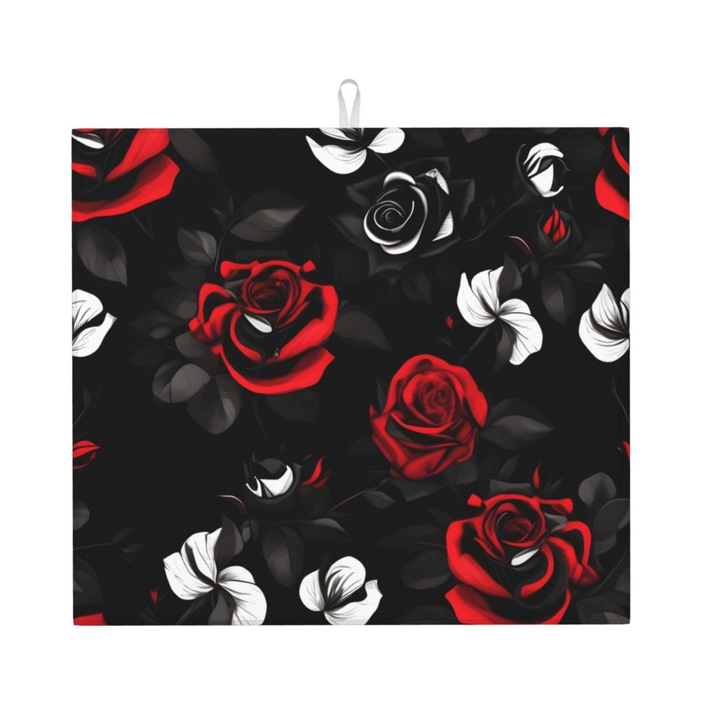 Black White And Red Roses Print Dish Drying Mat Absorbent Drying Mat Kitchen Drying Mat For Countertops Draining Racks